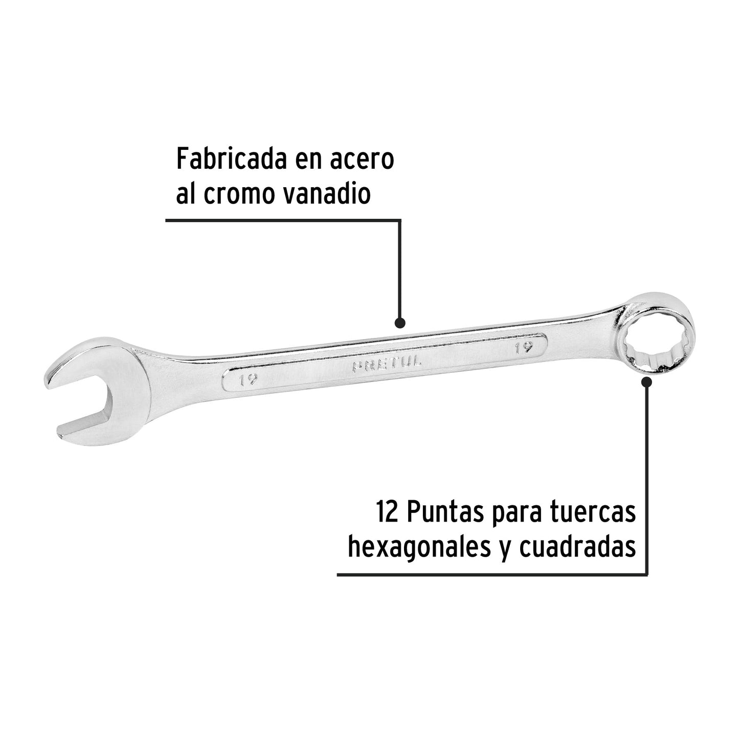 Llave combinada 19 mm x 230 mm de largo, Pretul | LL-2019MP | 21913