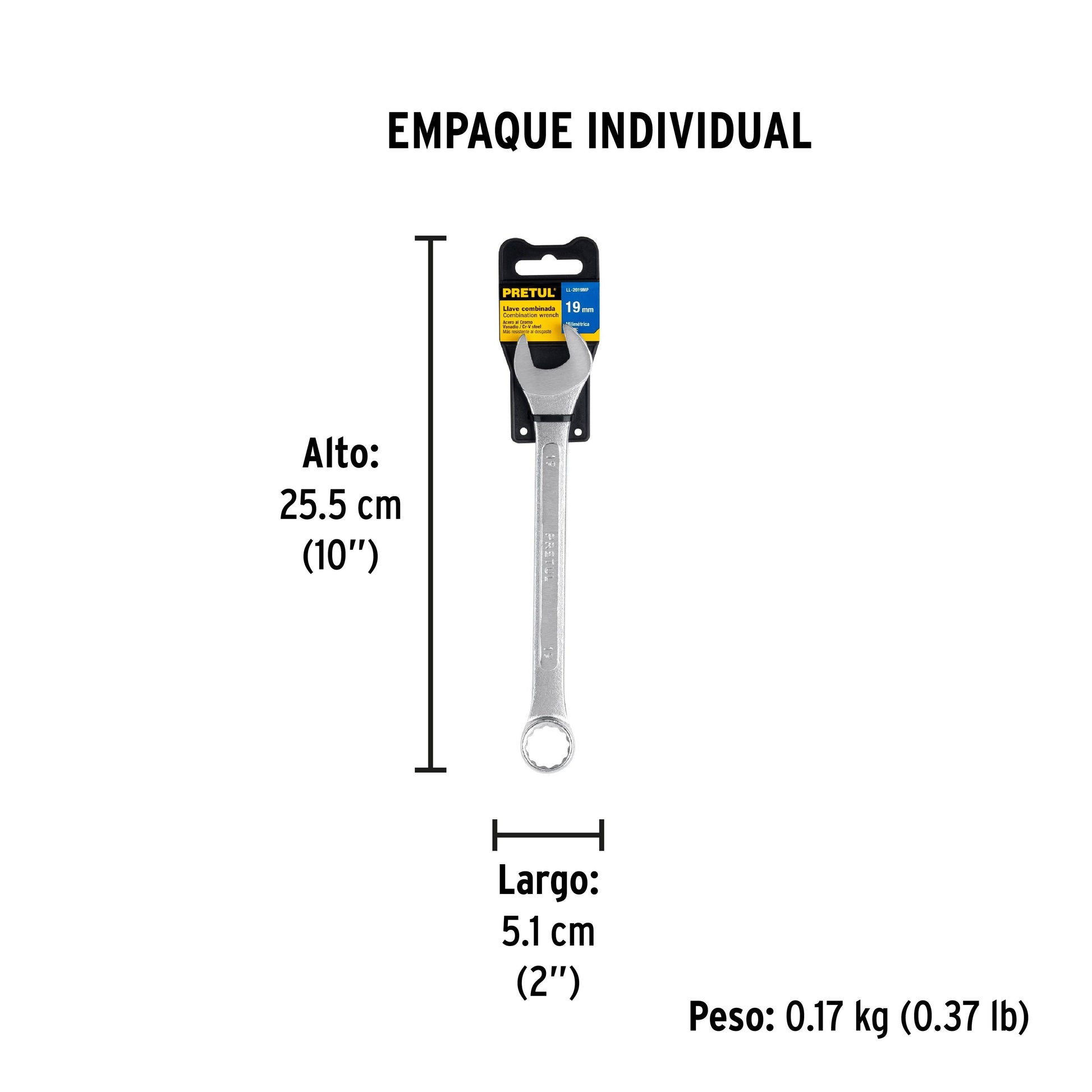Llave combinada 19 mm x 230 mm de largo, Pretul | LL-2019MP | 21913