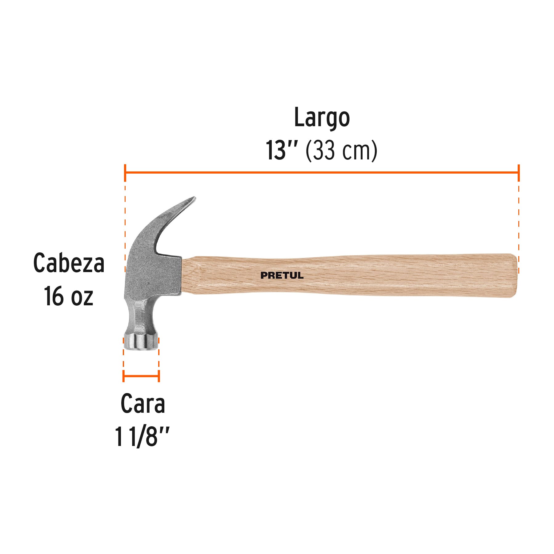 Martillo semipulido, 16 oz, uña curva, PRETUL | MP-16 | 22290