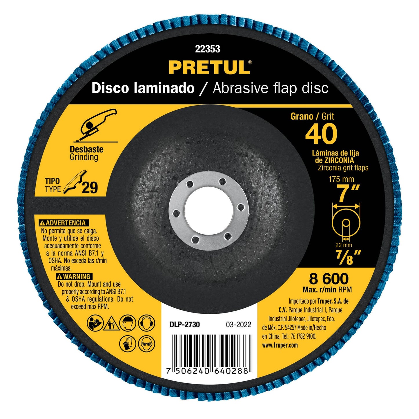 Disco laminado 7', grano 40 centro 7/8', fibra, PRETUL | DLP-2730 | 22353