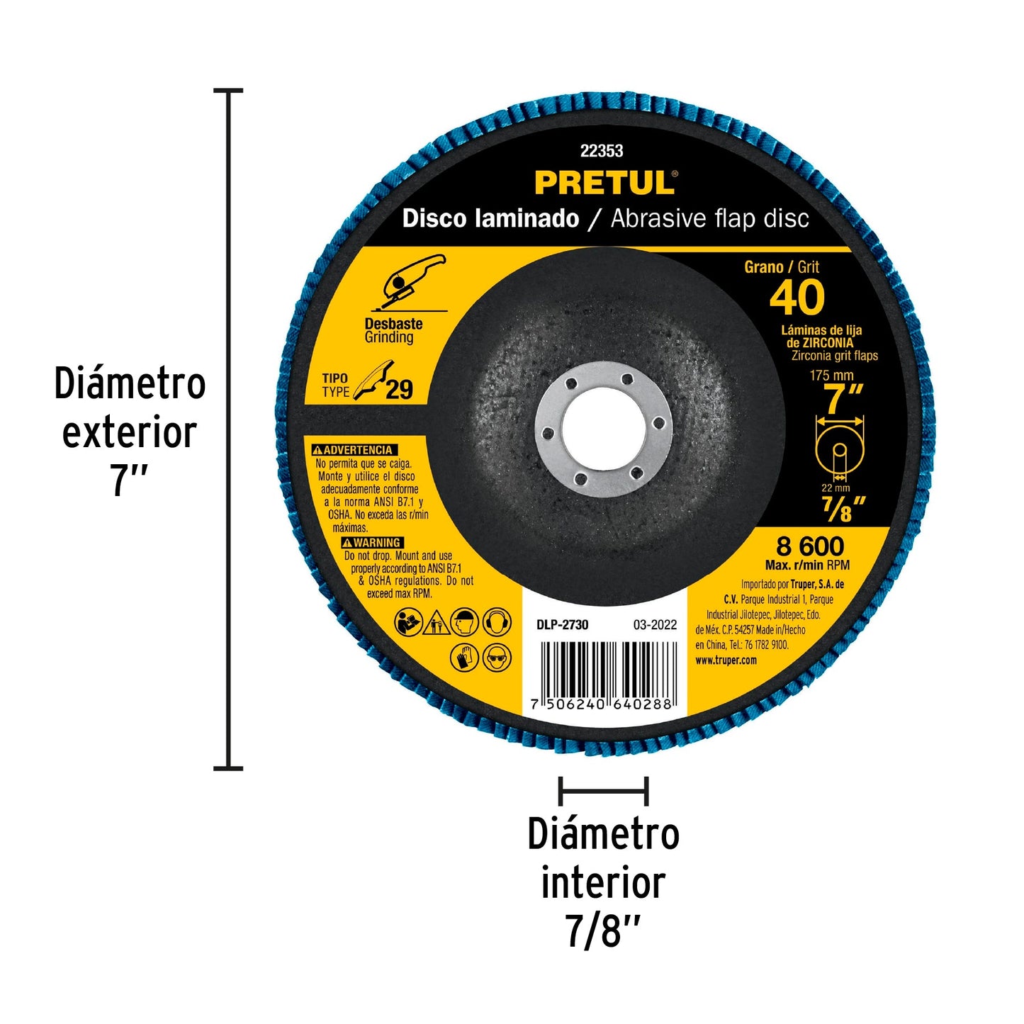 Disco laminado 7', grano 40 centro 7/8', fibra, PRETUL | DLP-2730 | 22353