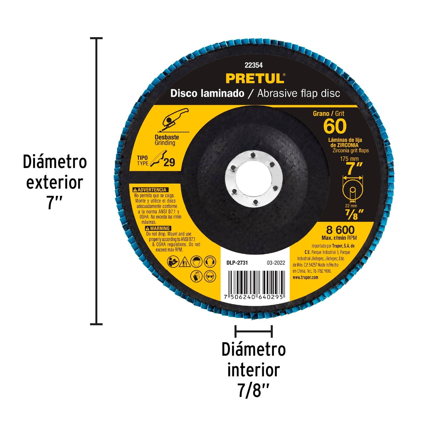 Disco laminado 7', grano 60 centro 7/8', fibra, PRETUL | DLP-2731 | 22354