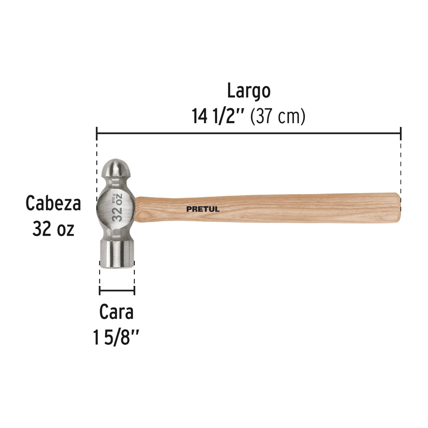 Martillo pulido de bola 32 oz mango madera, Pretul | MB-32P | 22660