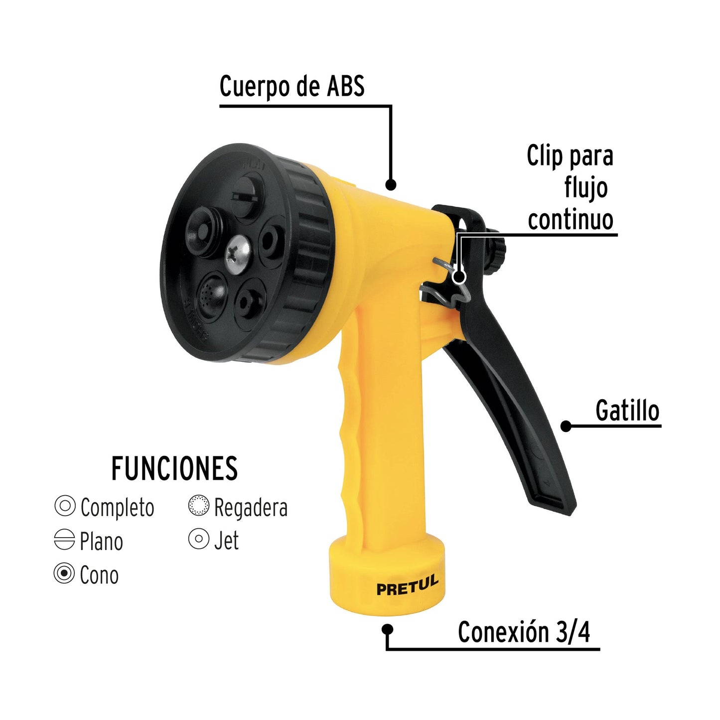 Pistola plástica para riego de 5', 5 funciones, PRETUL | PIM-55P | 22765