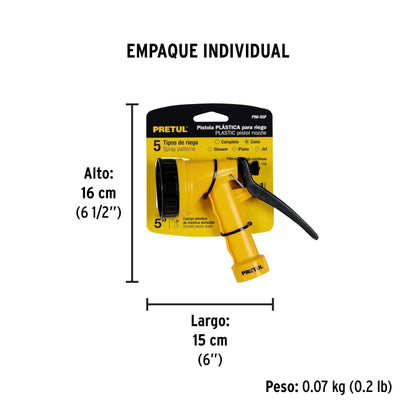 Pistola plástica para riego de 5', 5 funciones, PRETUL | PIM-55P | 22765