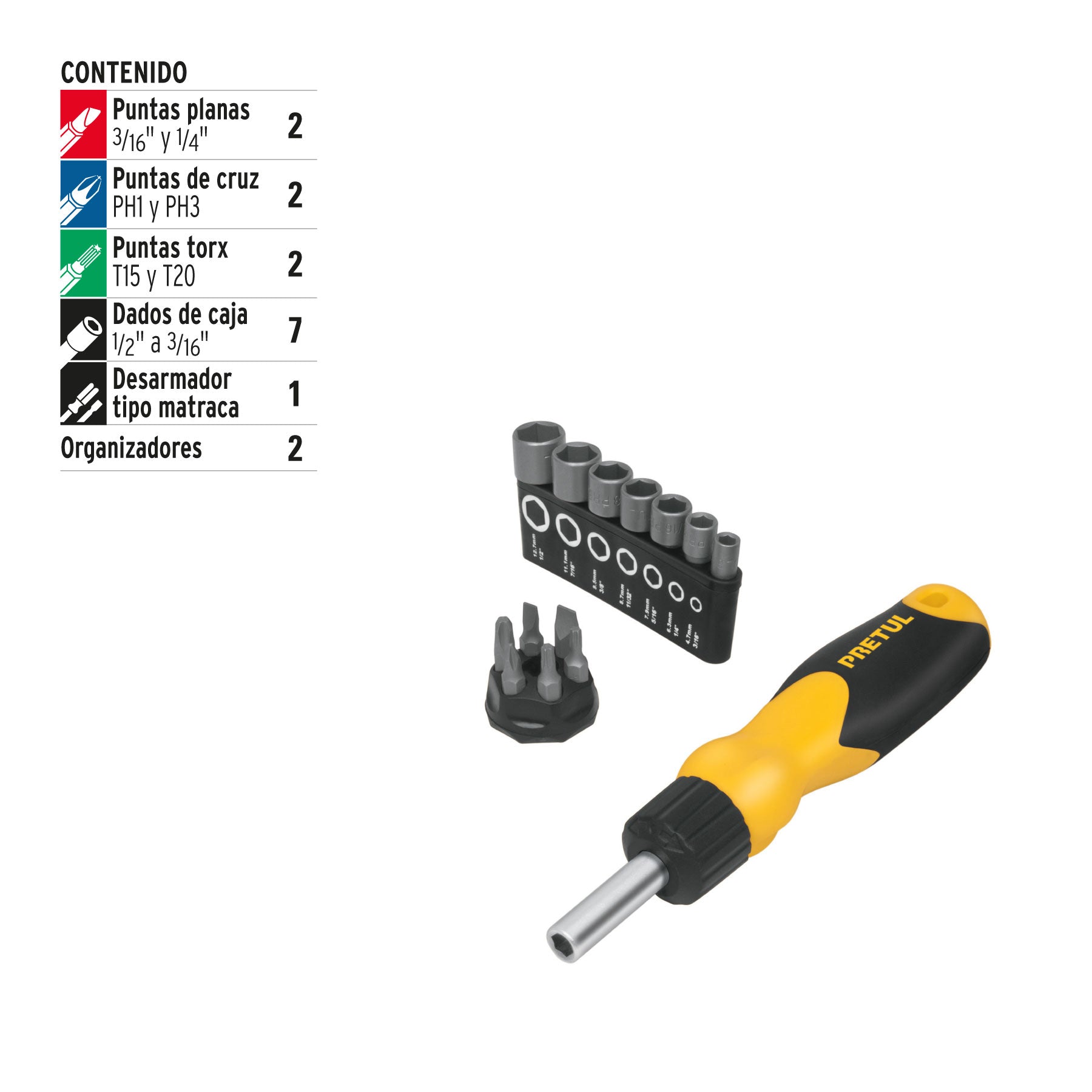 Desarmador tipo matraca con 6 puntas y 7 dados, Pretul | DES-14P | 22974