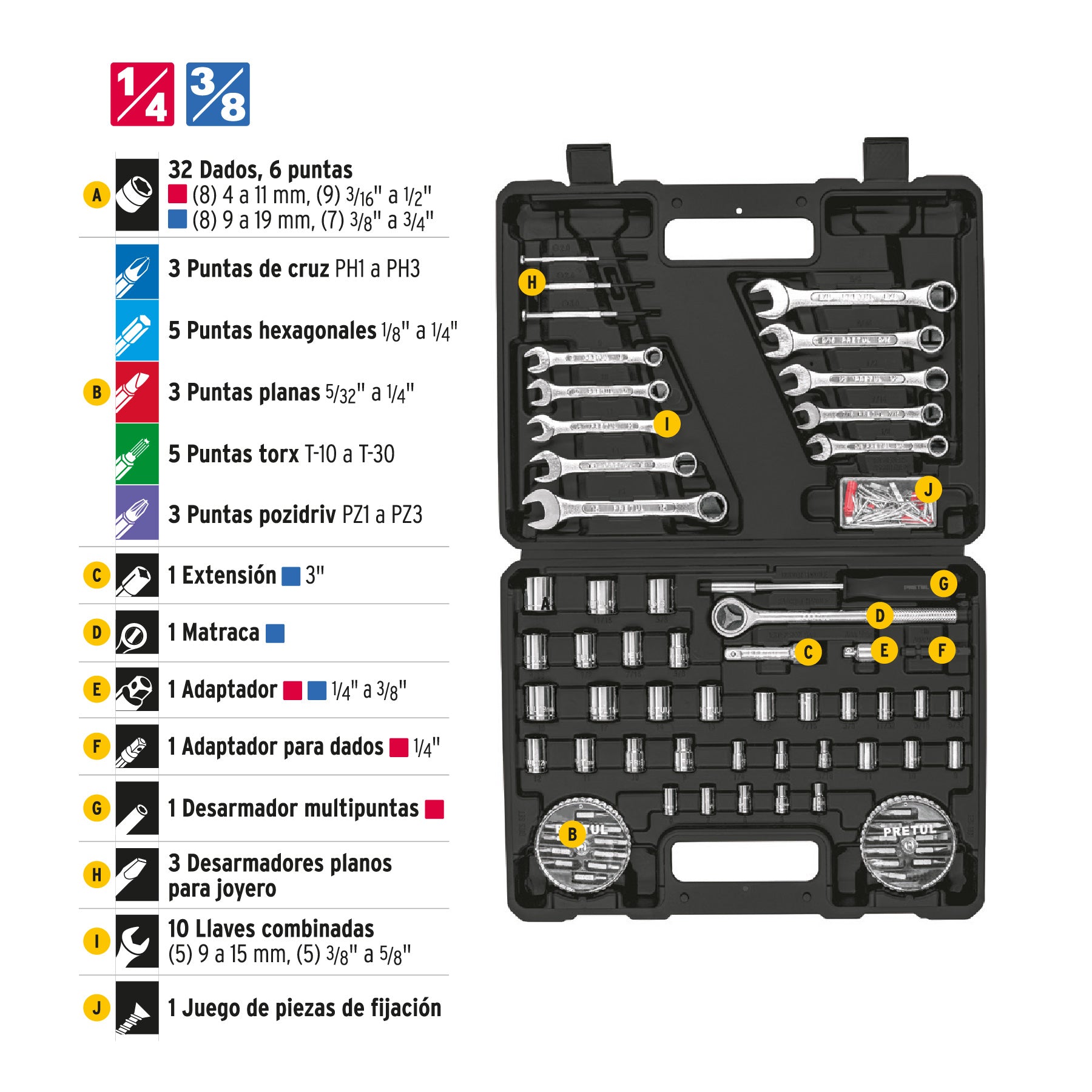 Juego de 71 herramientas 1/4' y 3/8' para mecánico, Pretul | SET-100 | 22980