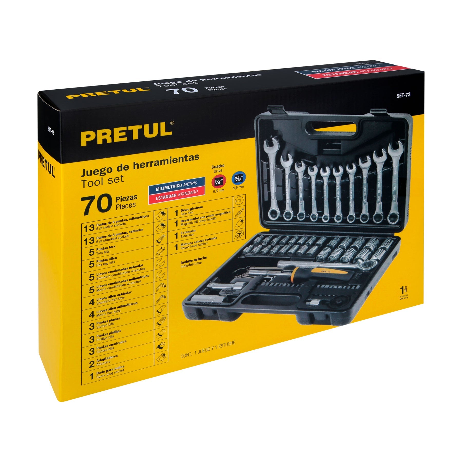 Juego de 70 herramientas 1/4' y 3/8' para mecánico, Pretul | SET-73 | 22981