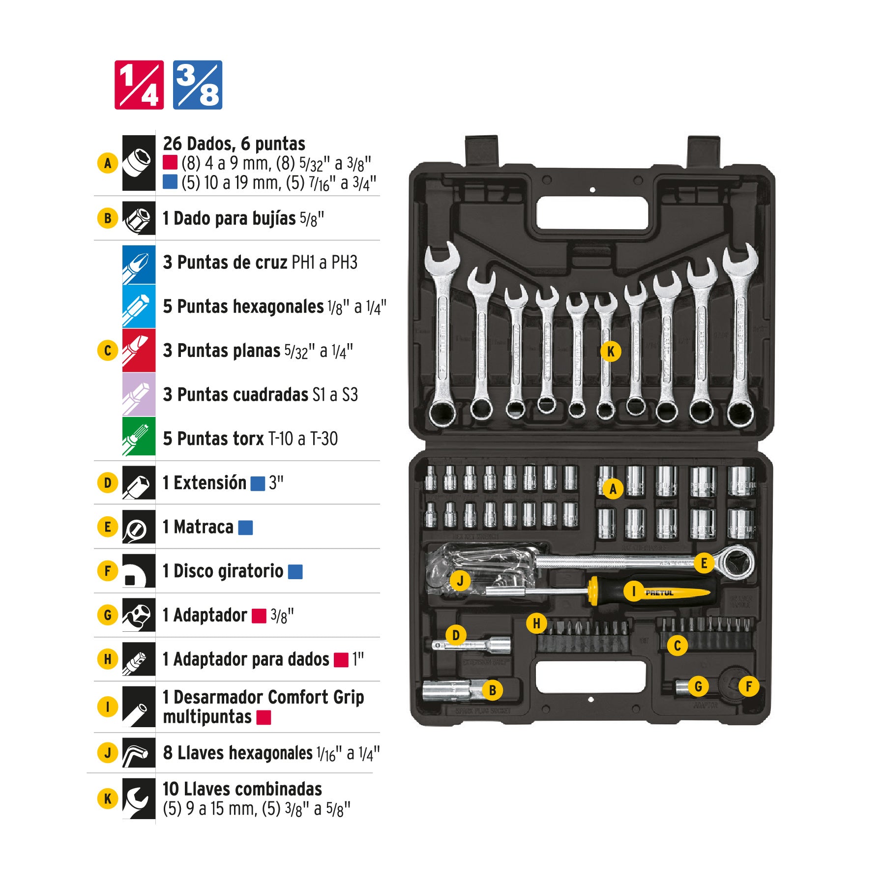 Juego de 70 herramientas 1/4' y 3/8' para mecánico, Pretul | SET-73 | 22981