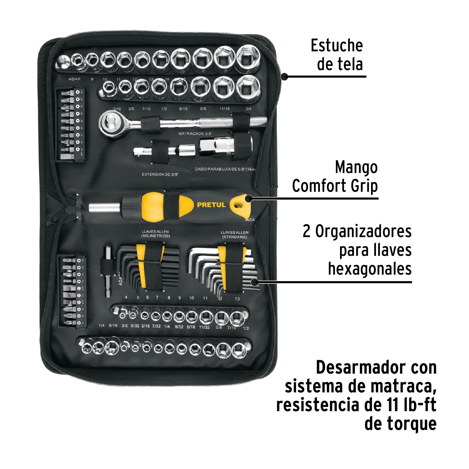 Juego de 83 herramientas 1/4' y 3/8' para mecánico, Pretul | SET-85 | 22984
