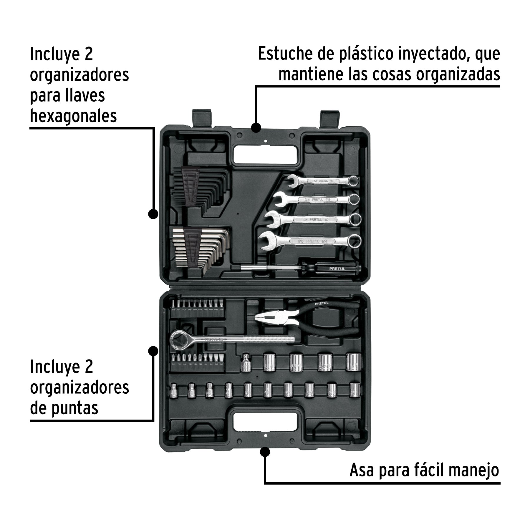 Juego de 66 herramientas 1/4' y 3/8' para mecánico, Pretul | SET-70 | 22985