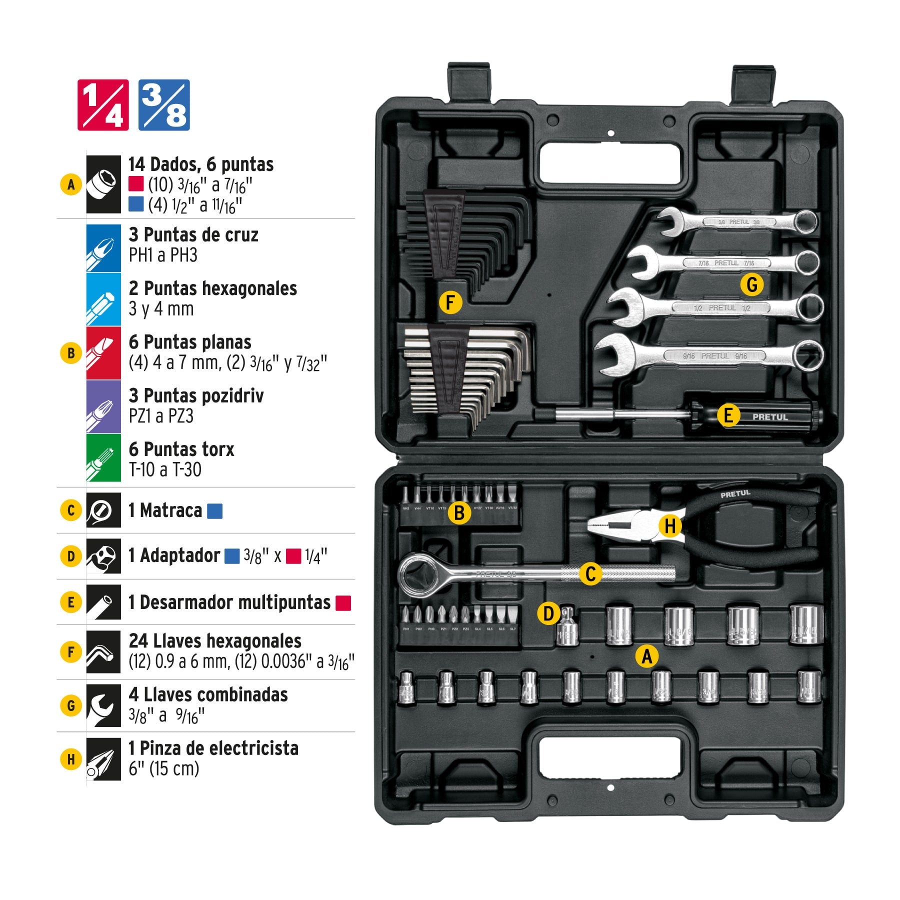 Juego de 66 herramientas 1/4' y 3/8' para mecánico, Pretul | SET-70 | 22985