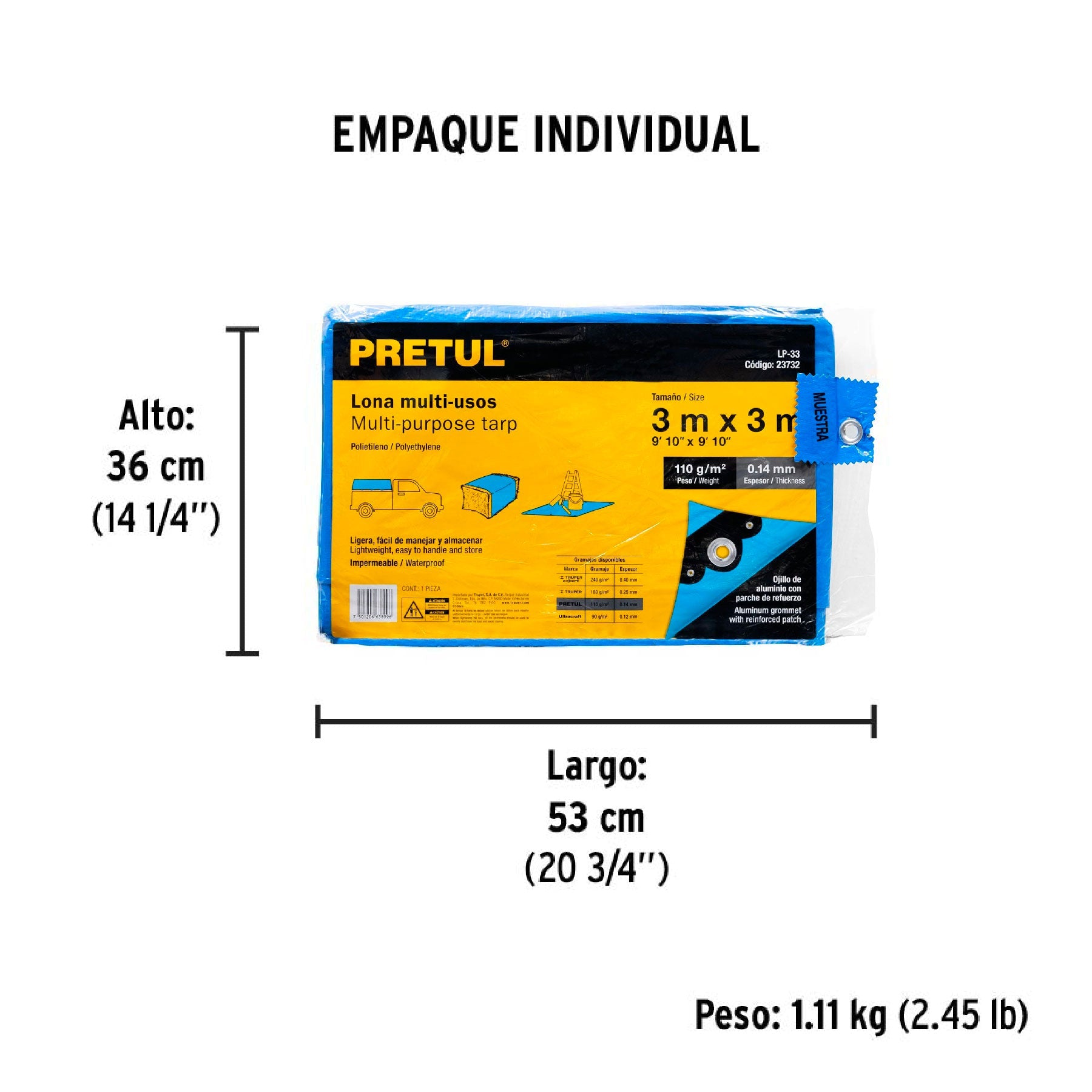 Lona de polietileno 3 x 3 m, azul, 110 g/m2, PRETUL | LP-33 | 23732
