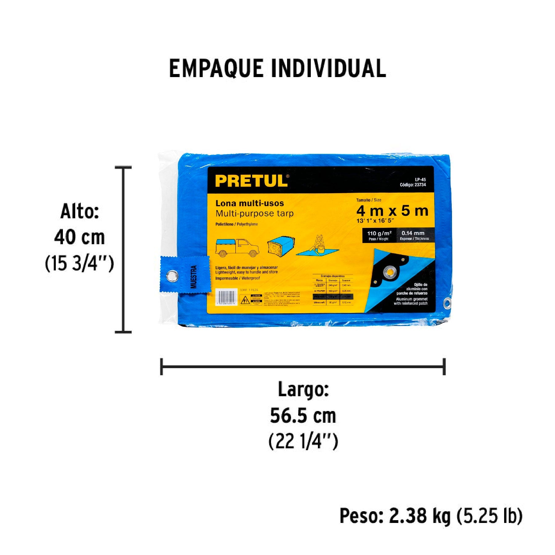Lona de polietileno 4 x 5 m, azul, 110 g/m2, PRETUL | LP-45 | 23734