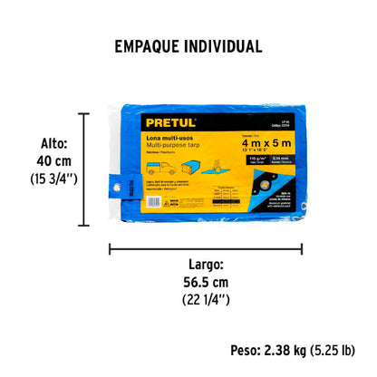Lona de polietileno 4 x 5 m, azul, 110 g/m2, PRETUL | LP-45 | 23734
