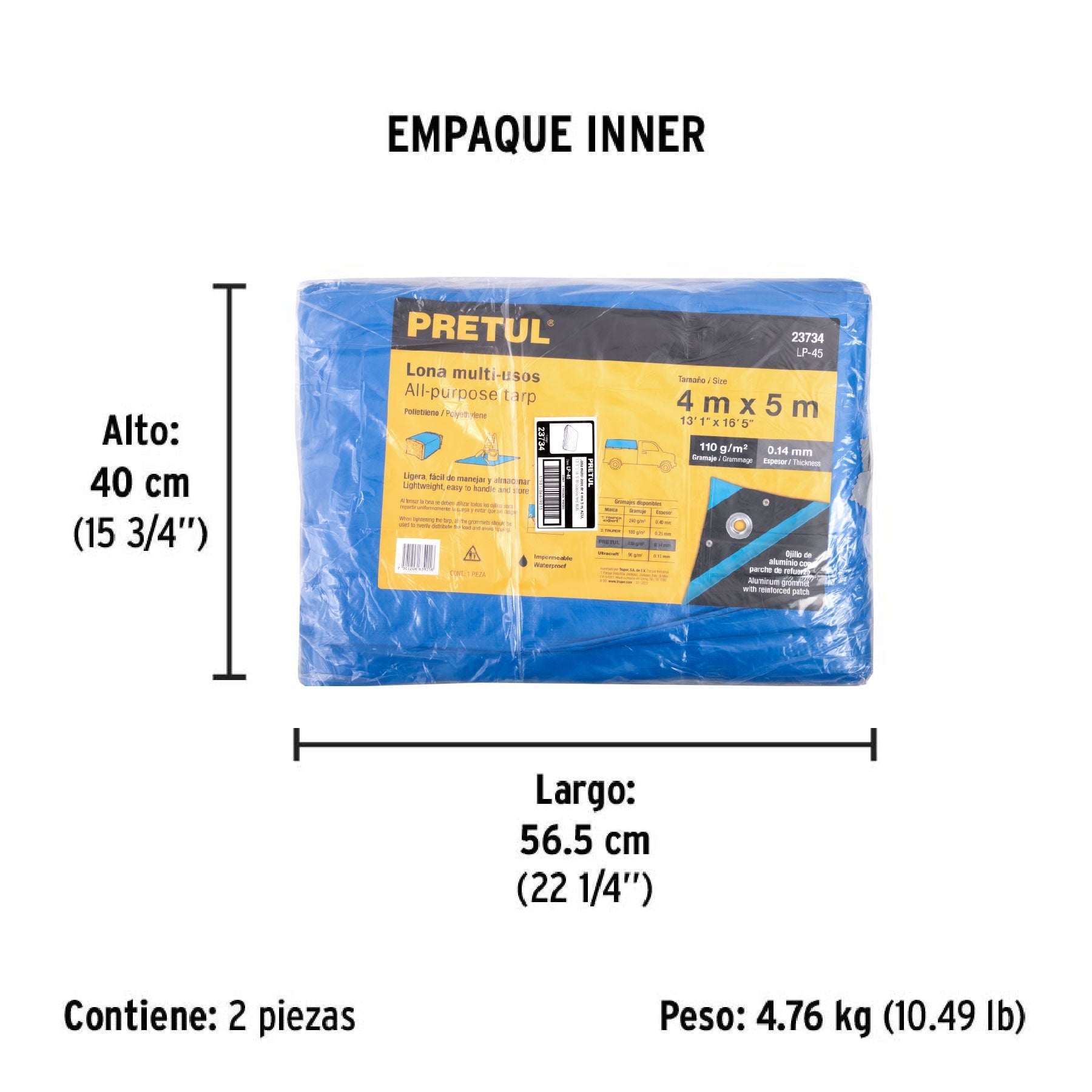 Lona de polietileno 4 x 5 m, azul, 110 g/m2, PRETUL | LP-45 | 23734