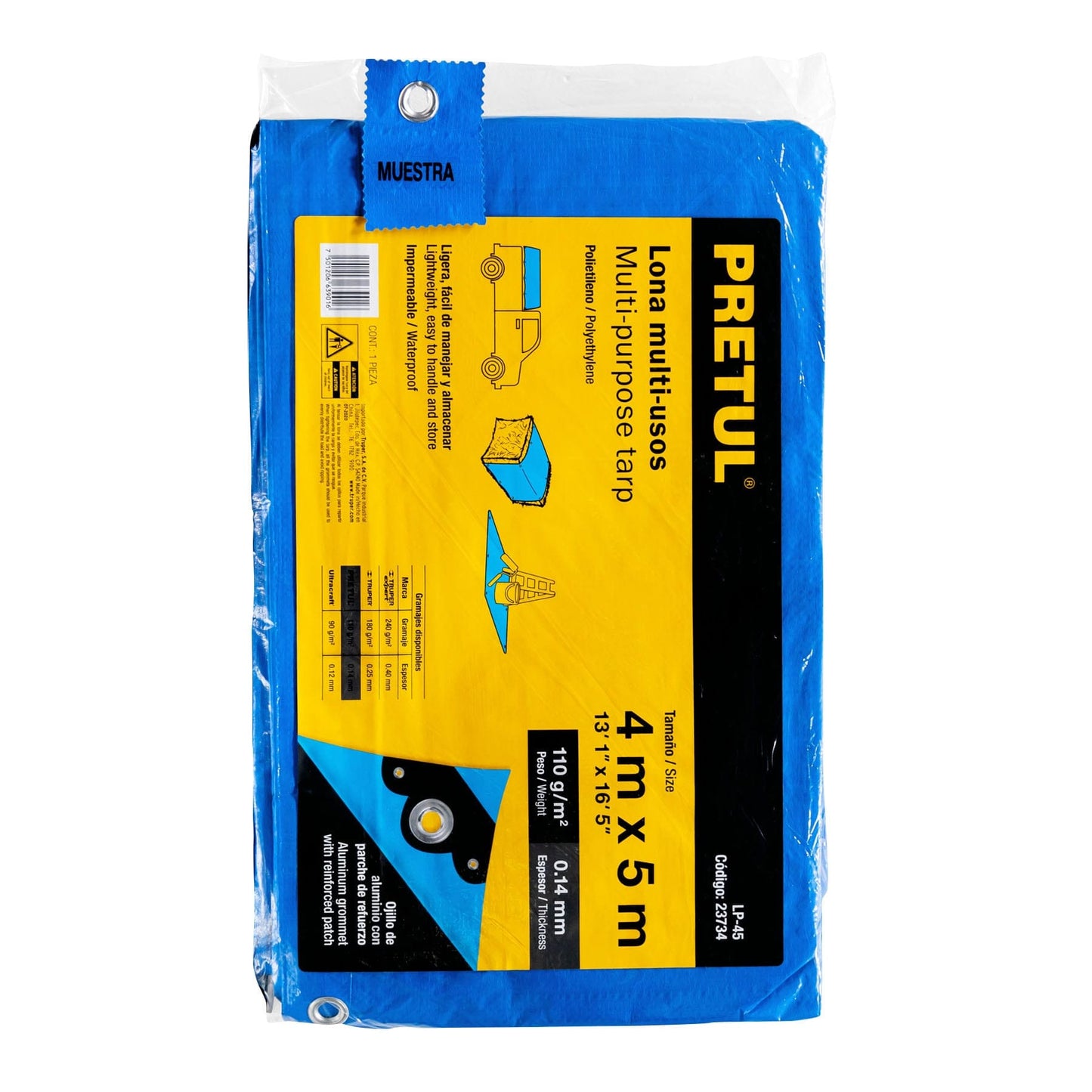 Lona de polietileno 4 x 5 m, azul, 110 g/m2, PRETUL | LP-45 | 23734