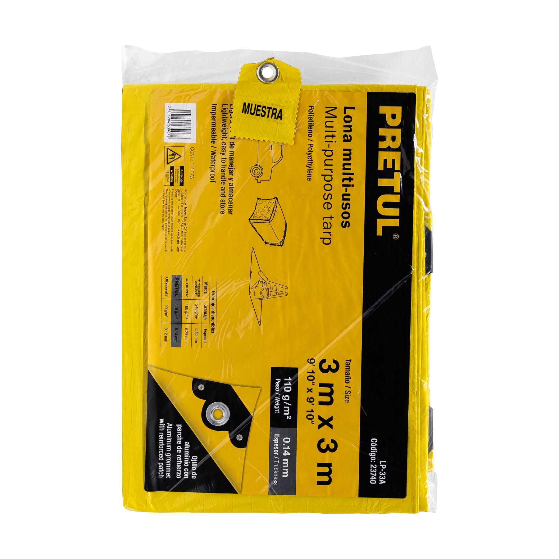 Lona de polietileno 3 x 3 m, amarilla, 110 g/m2, PRETUL | LP-33A | 23740