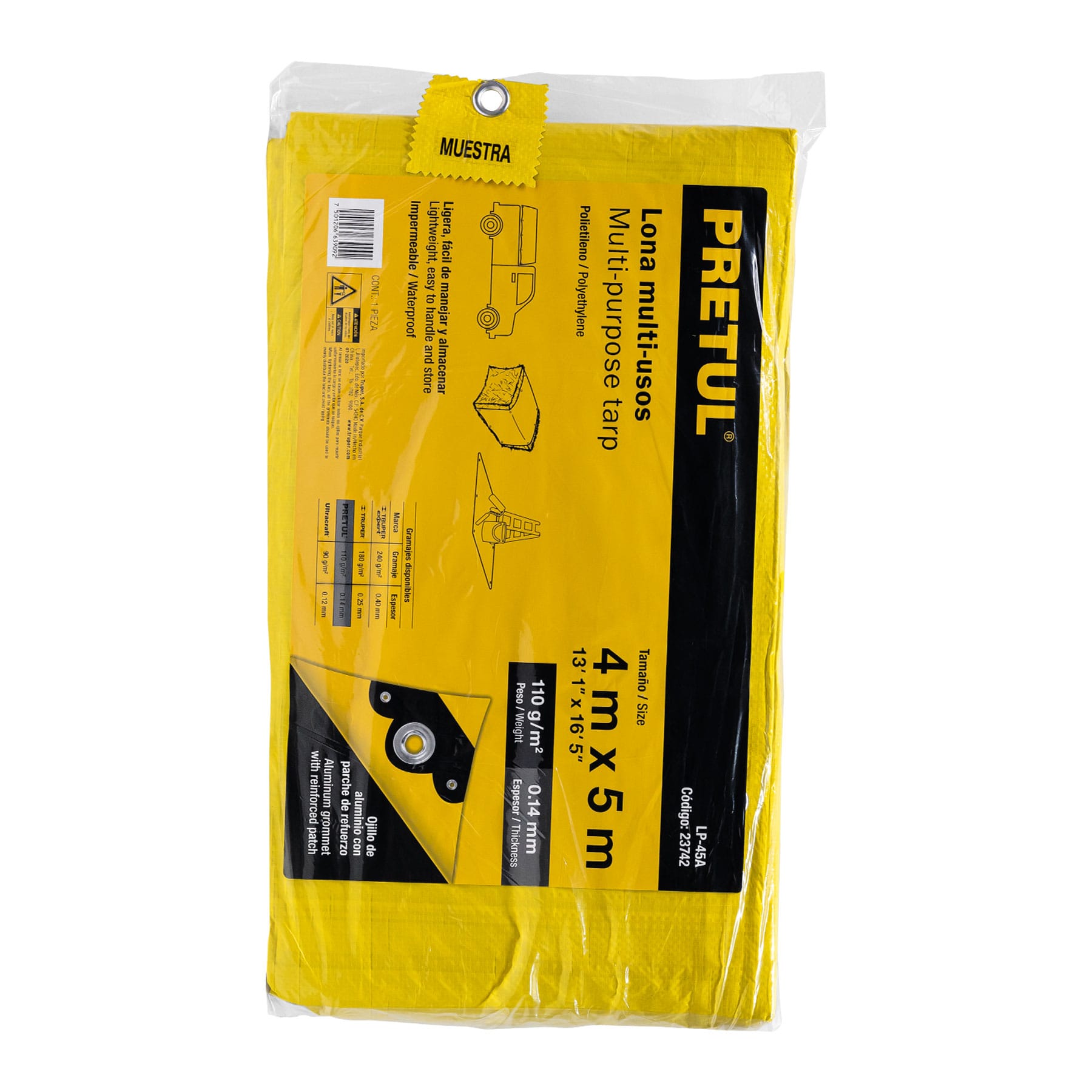 Lona de polietileno 4 x 5 m, amarilla, 110 g/m2, PRETUL | LP-45A | 23742