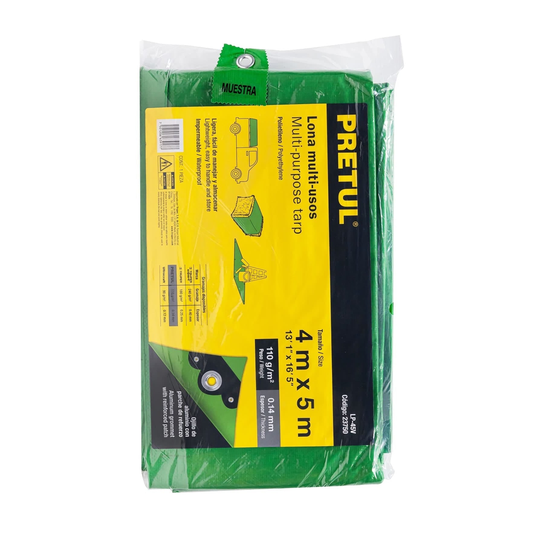 Lona de polietileno 4 x 5 m, verde, 110 g/m2, PRETUL | LP-45V | 23750