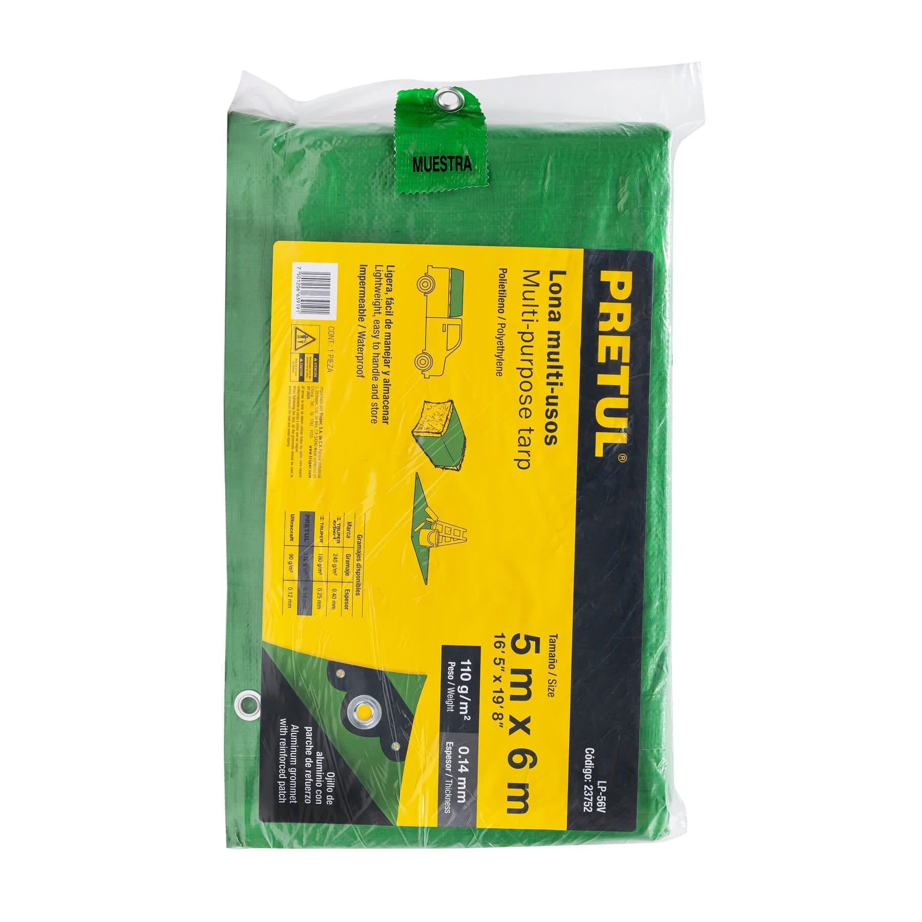 Lona de polietileno 5 x 6 m, verde, 110 g/m2, PRETUL | LP-56V | 23752