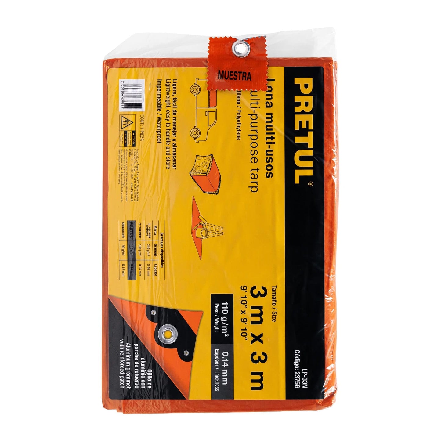 Lona de polietileno 3 x 3 m, naranja, 110 g/m2, PRETUL | LP-33N | 23756