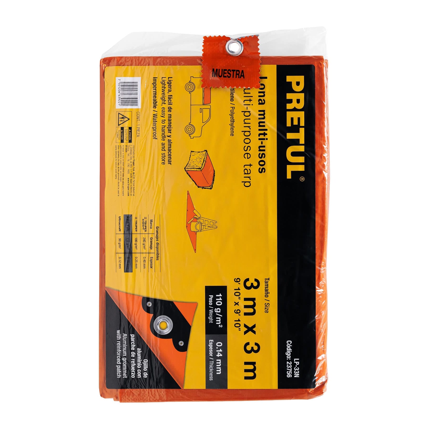 Lona de polietileno 3 x 3 m, naranja, 110 g/m2, PRETUL | LP-33N | 23756