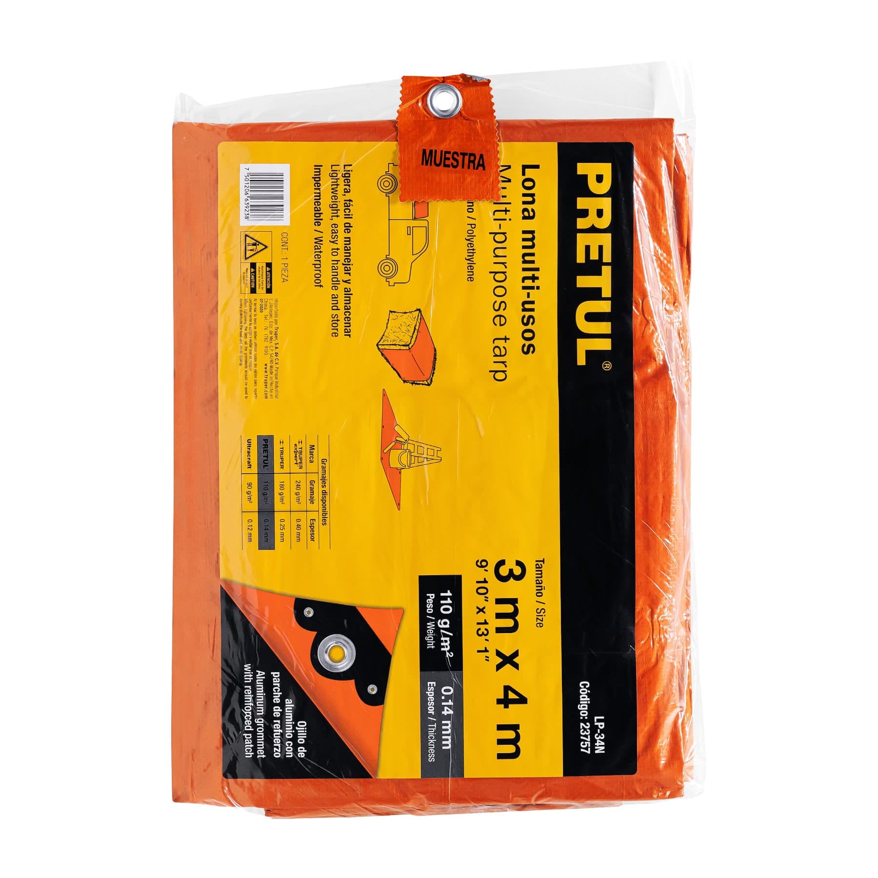 Lona de polietileno 3 x 4 m, naranja, 110 g/m2, PRETUL | LP-34N | 23757