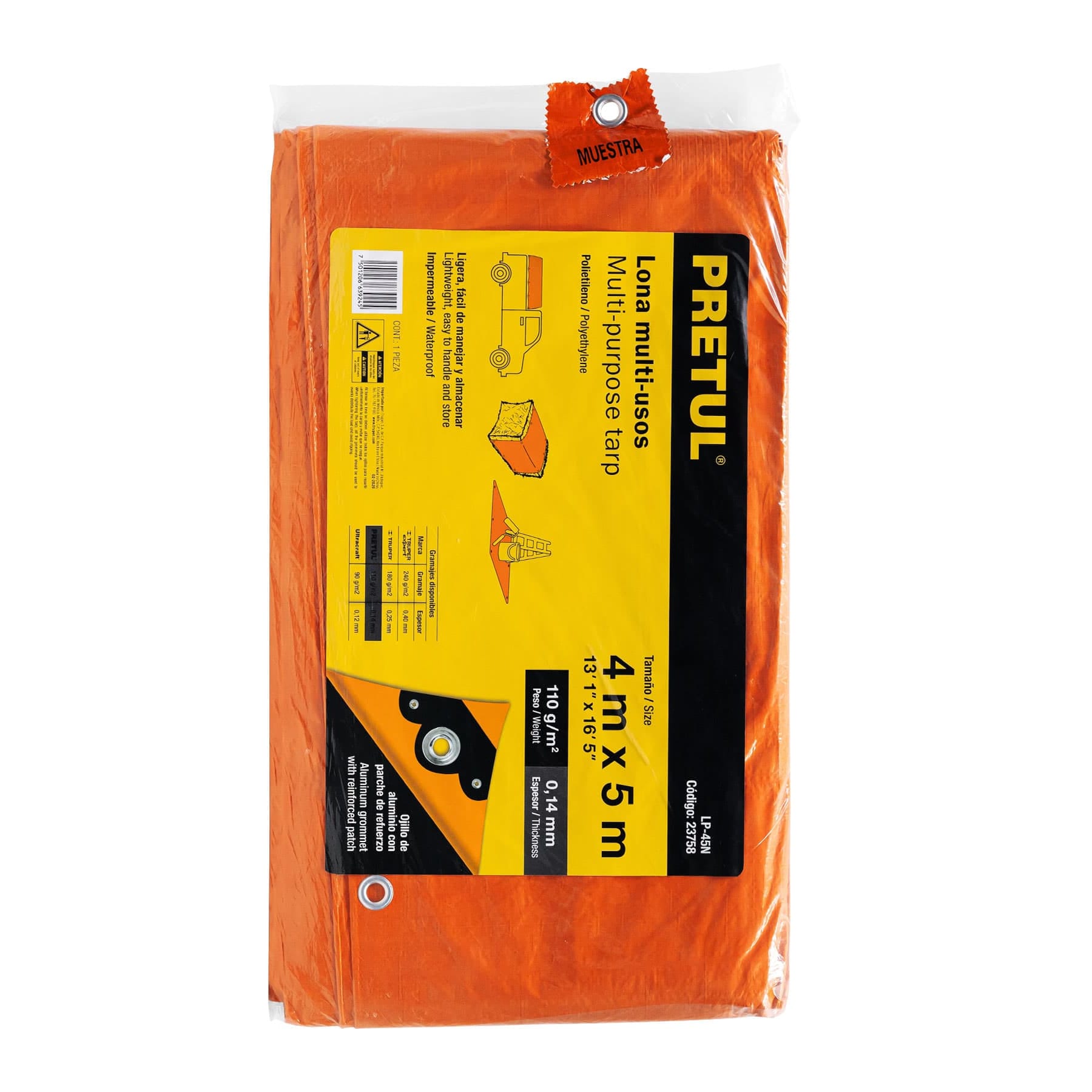 Lona de polietileno 4 x 5 m, naranja, 110 g/m2, PRETUL | LP-45N | 23758