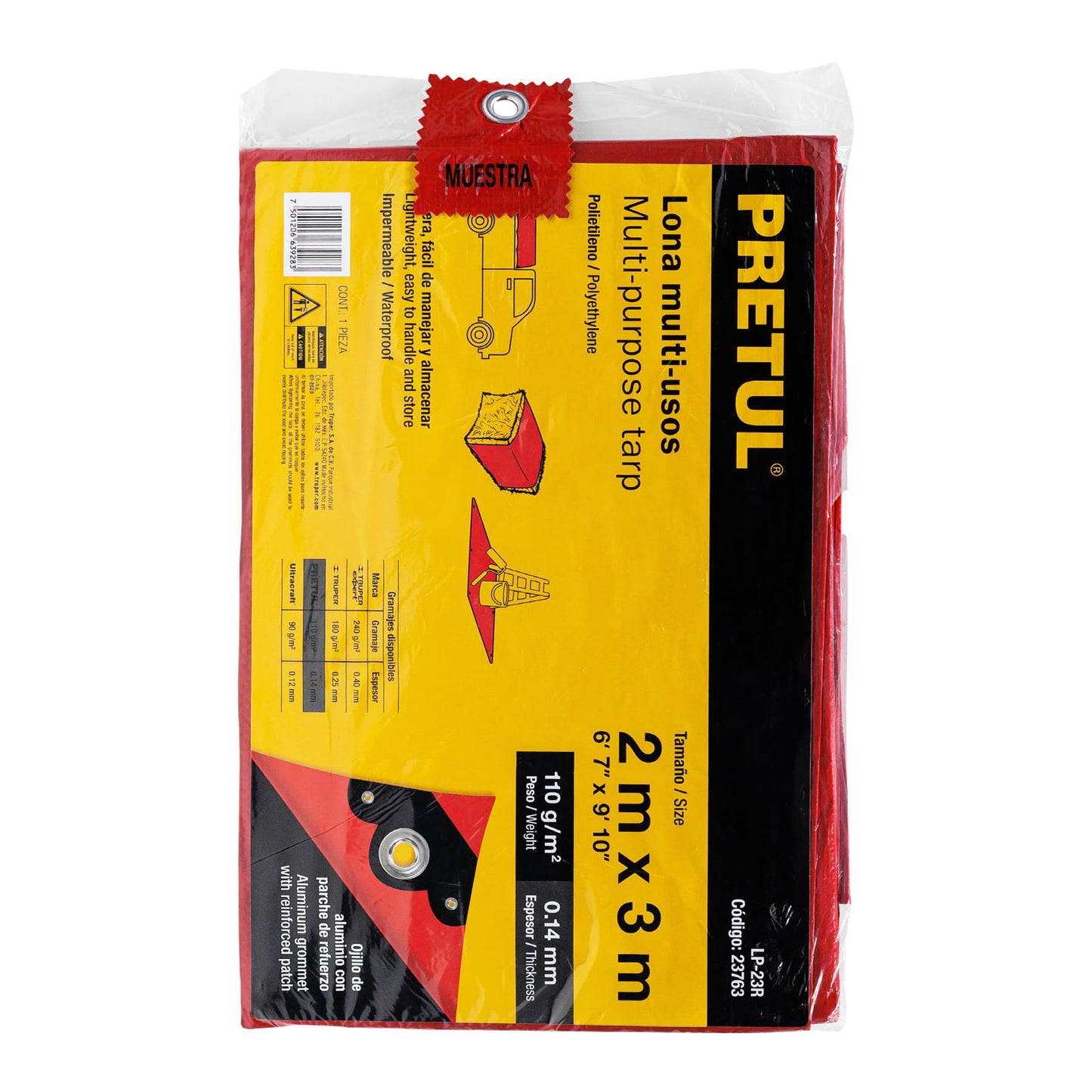 Lona de polietileno 2 x 3 m, roja, 110 g/m2, PRETUL | LP-23R | 23763