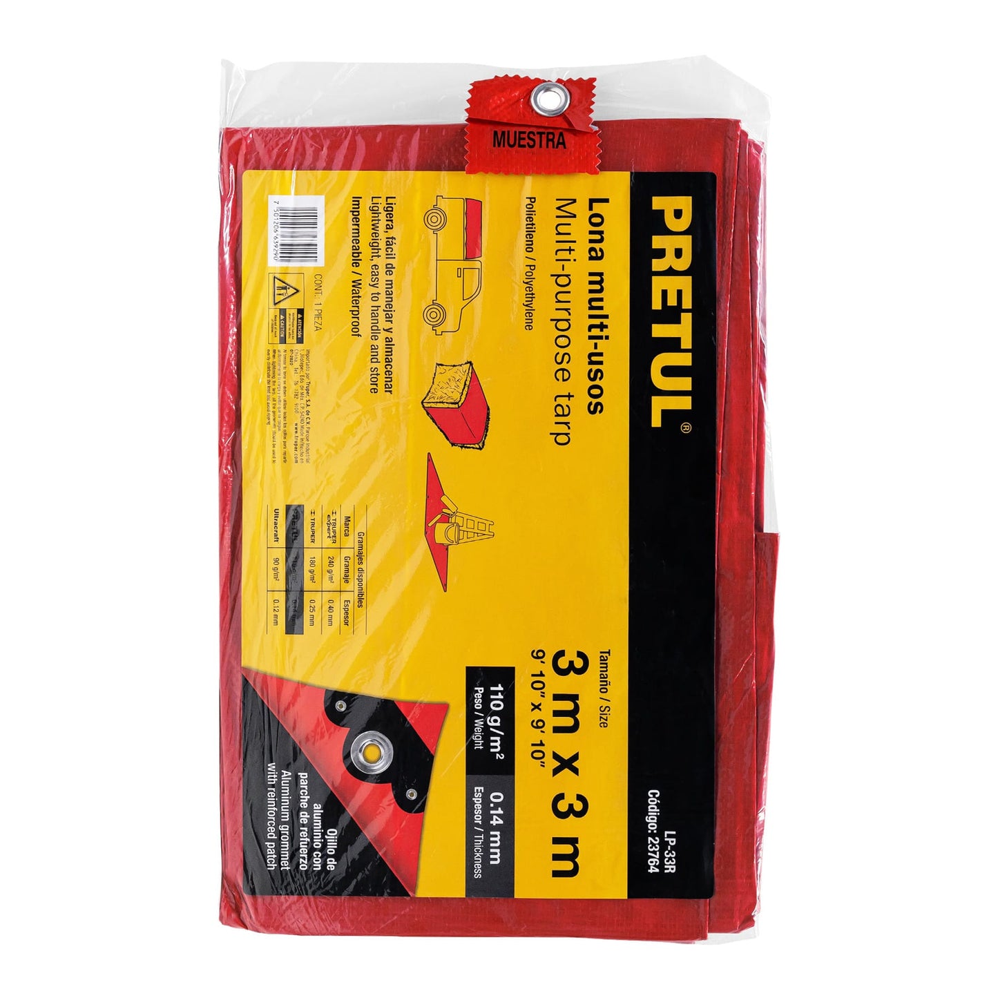 Lona de polietileno 3 x 3 m, roja, 110 g/m2, PRETUL | LP-33R | 23764
