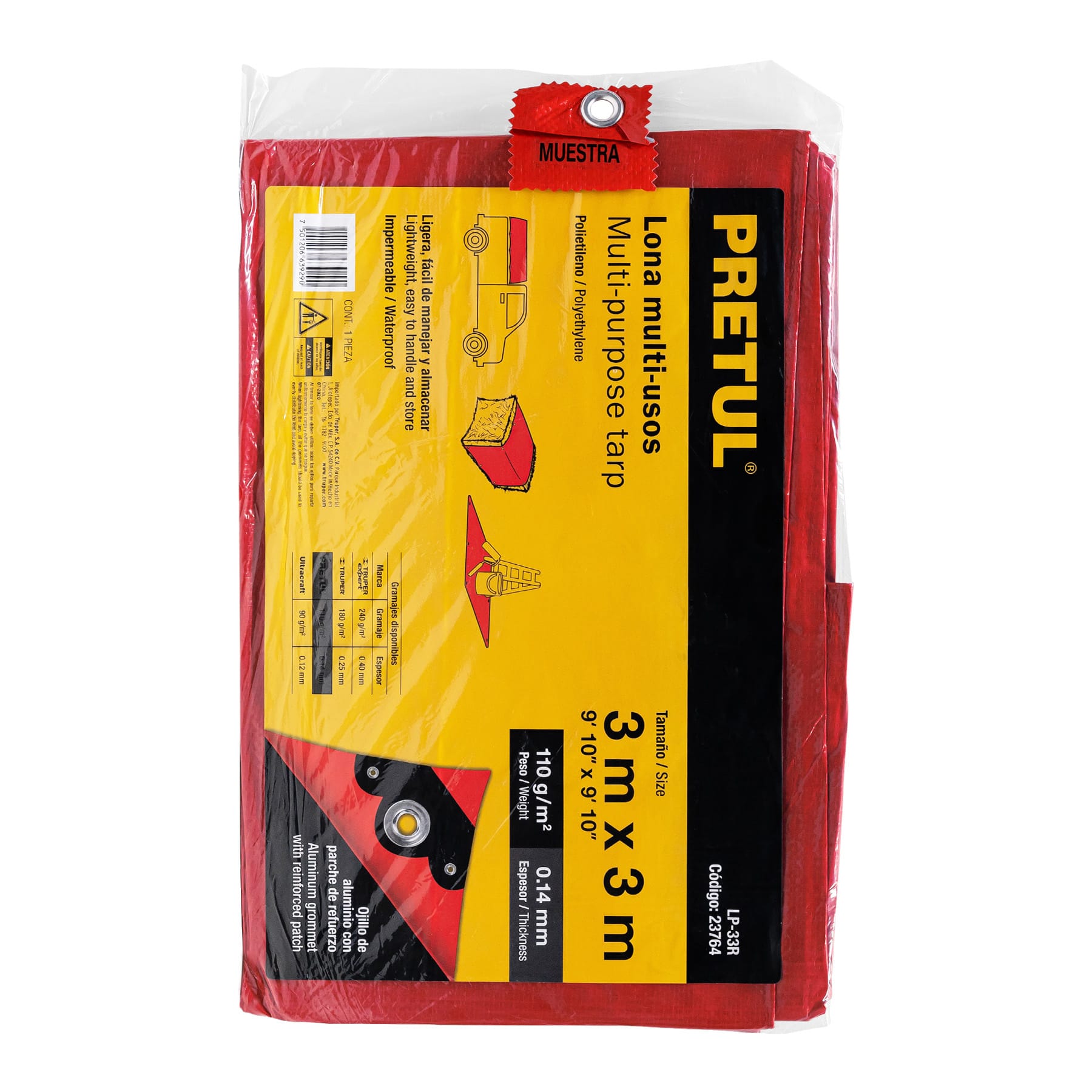 Lona de polietileno 3 x 3 m, roja, 110 g/m2, PRETUL | LP-33R | 23764