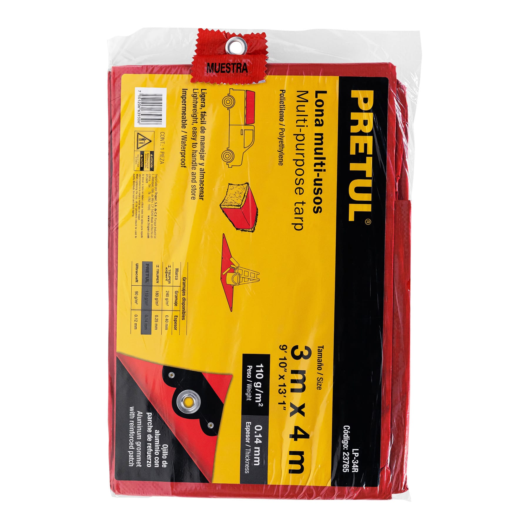 Lona de polietileno 3 x 4 m, roja, 110 g/m2, PRETUL | LP-34R | 23765