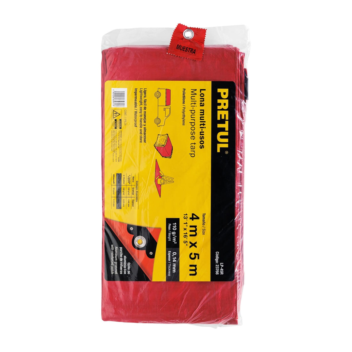 Lona de polietileno 4 x 5 m, roja, 110 g/m2, PRETUL | LP-45R | 23766