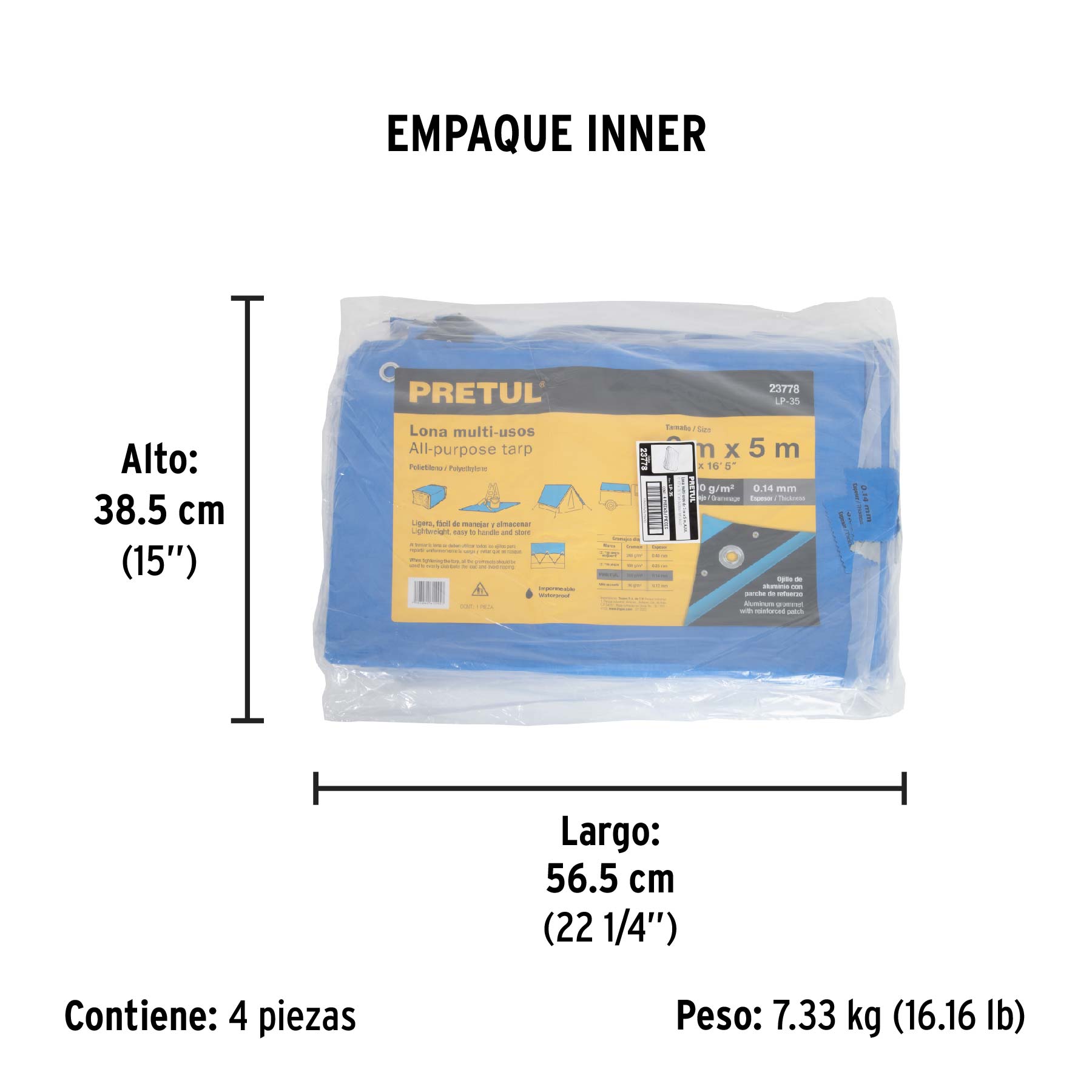 Lona de polietileno 3 x 5 m, azul, 110 g/m2, PRETUL | LP-35 | 23778