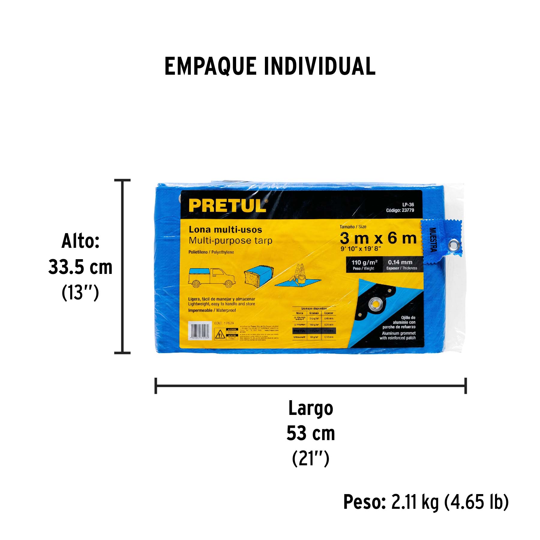 Lona de polietileno 3 x 6 m, azul, 110 g/m2, PRETUL | LP-36 | 23779