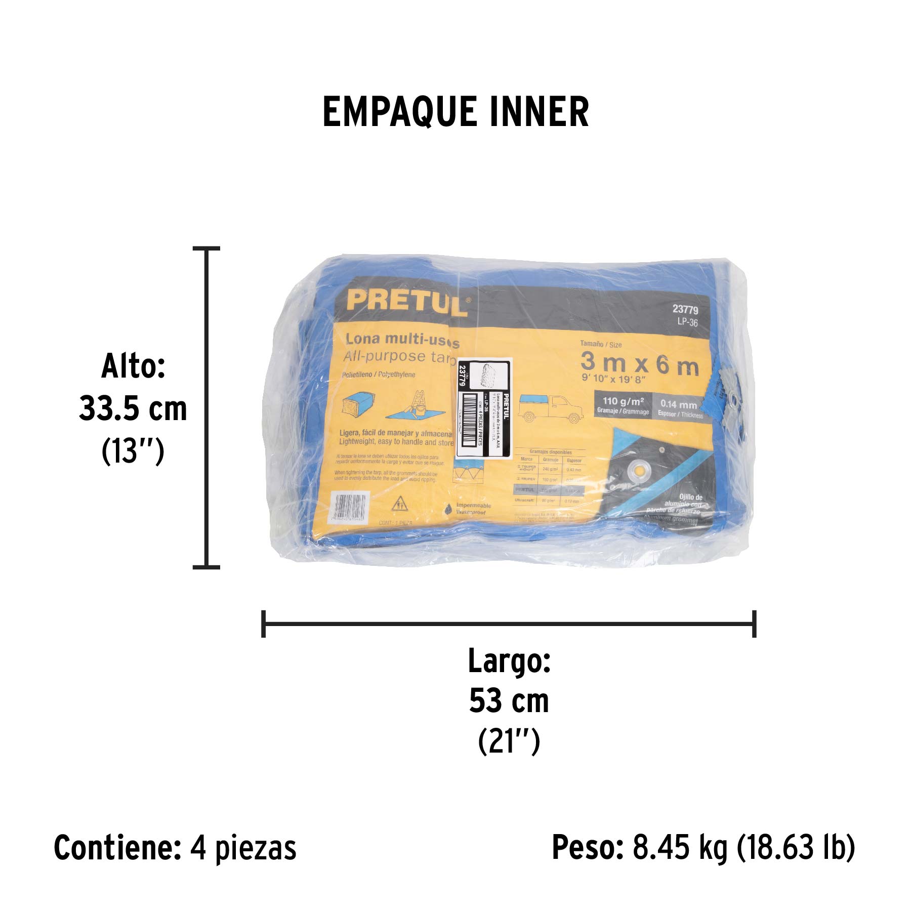 Lona de polietileno 3 x 6 m, azul, 110 g/m2, PRETUL | LP-36 | 23779