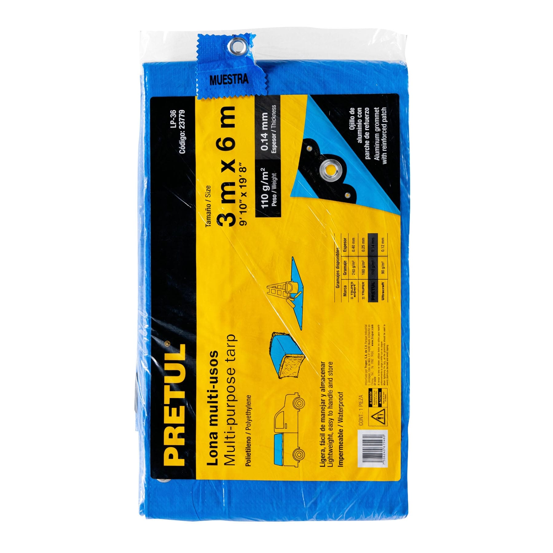 Lona de polietileno 3 x 6 m, azul, 110 g/m2, PRETUL | LP-36 | 23779