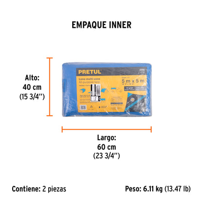 Lona de polietileno 5 x 5 m, azul, 110 g/m2, PRETUL | LP-55 | 23782