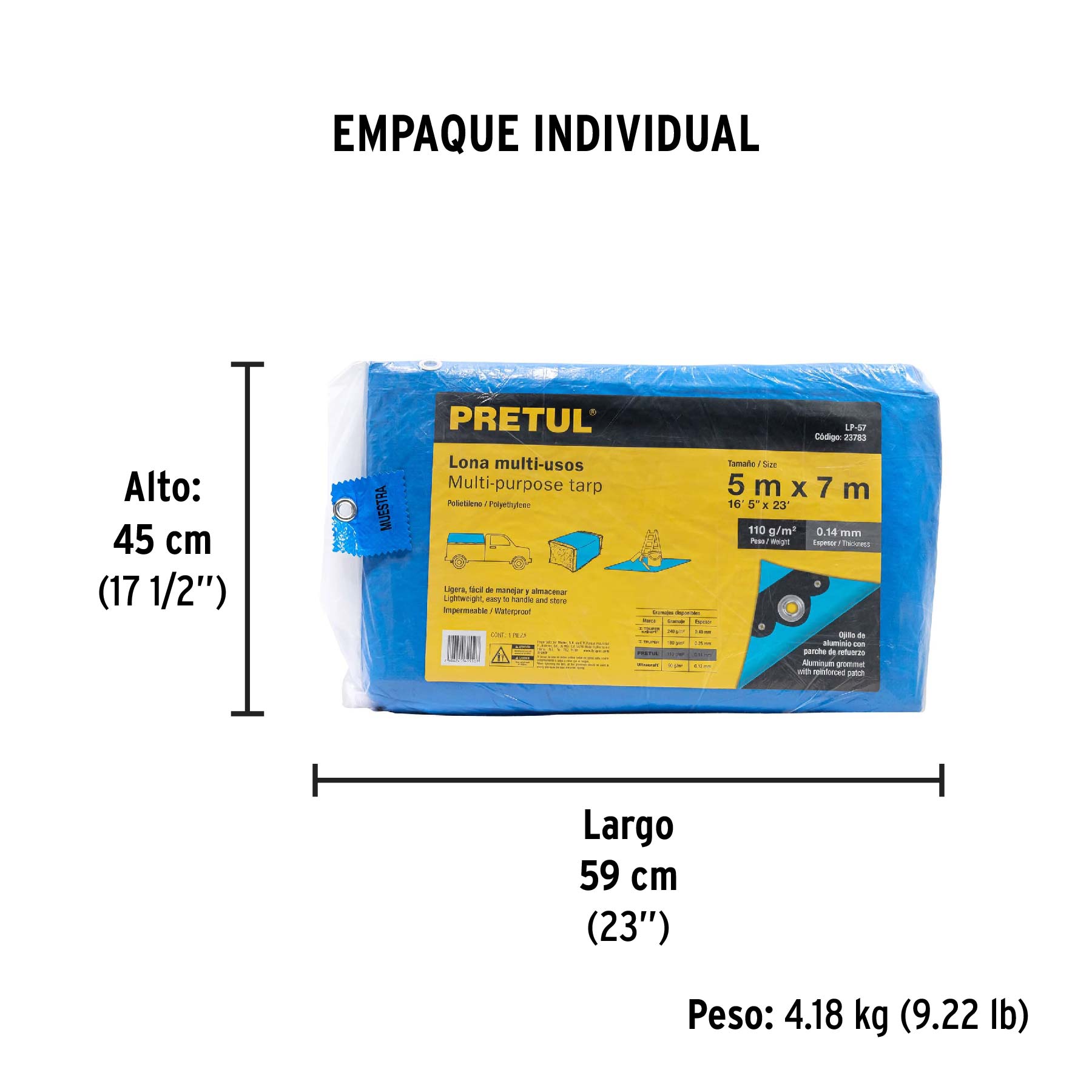 Lona de polietileno 5 x 7 m, azul, 110 g/m2, PRETUL | LP-57 | 23783