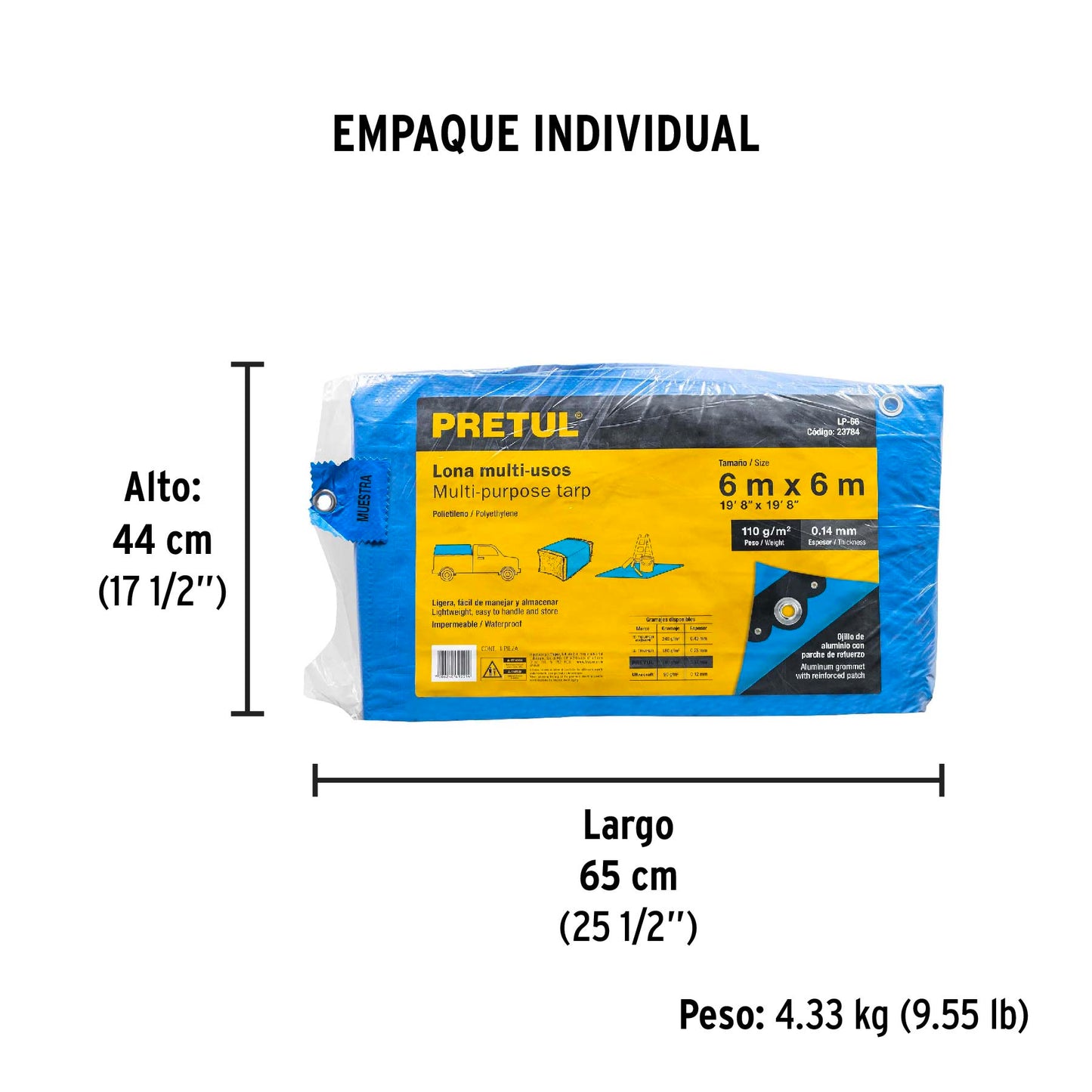 Lona de polietileno 6 x 6 m, azul, 110 g/m2, PRETUL | LP-66 | 23784