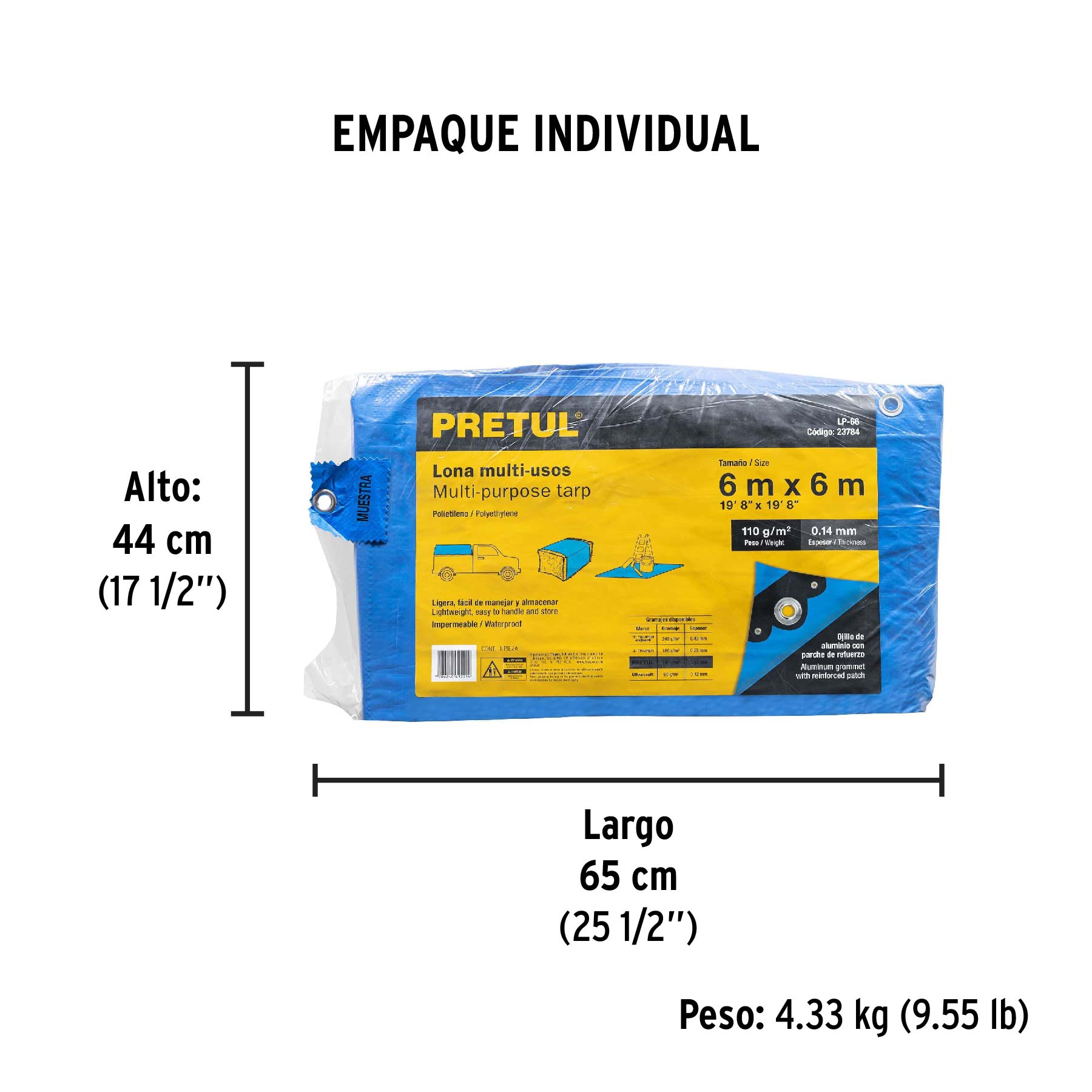 Lona de polietileno 6 x 6 m, azul, 110 g/m2, PRETUL | LP-66 | 23784