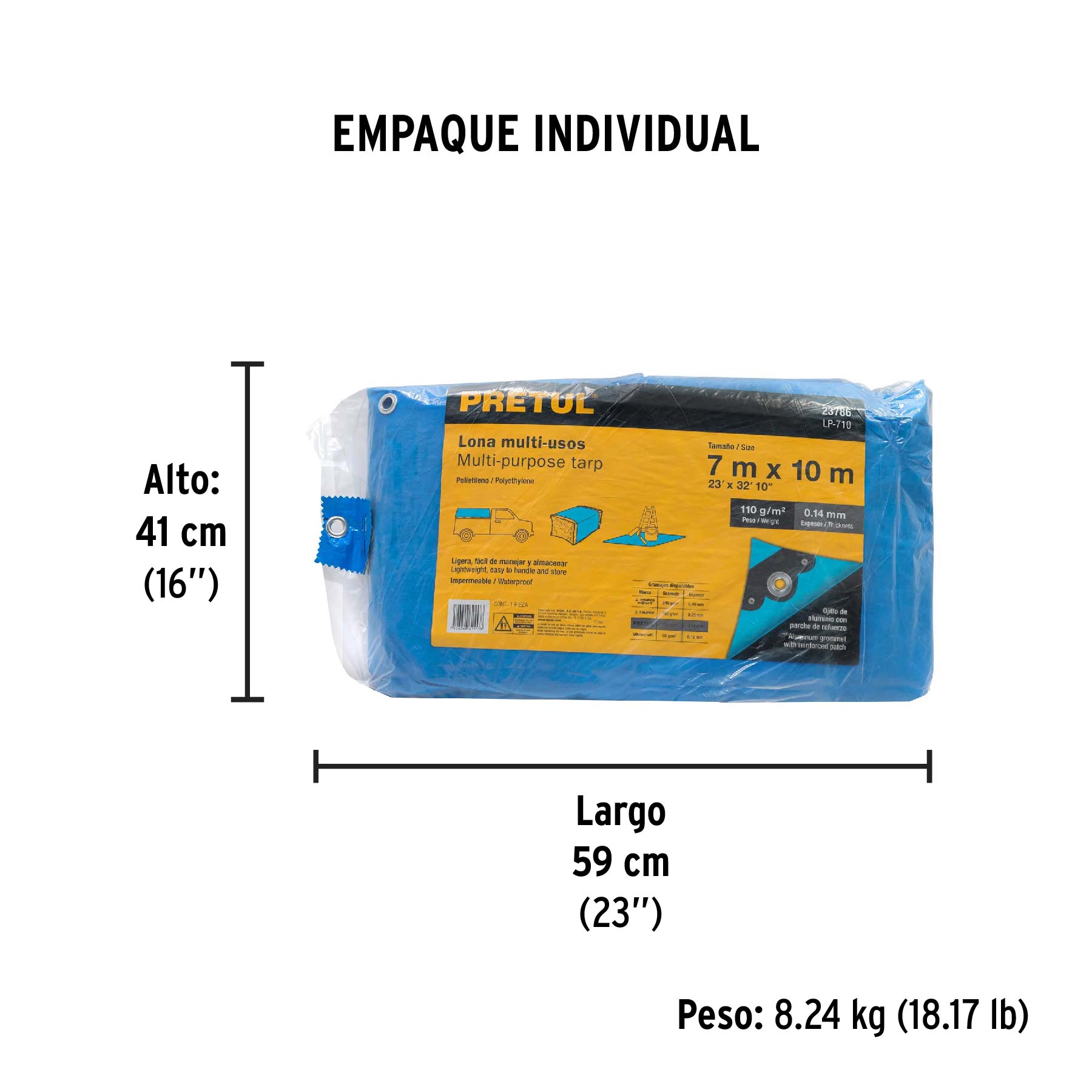 Lona de polietileno 7 x 10 m, azul, 110 g/m2, PRETUL | LP-710 | 23786