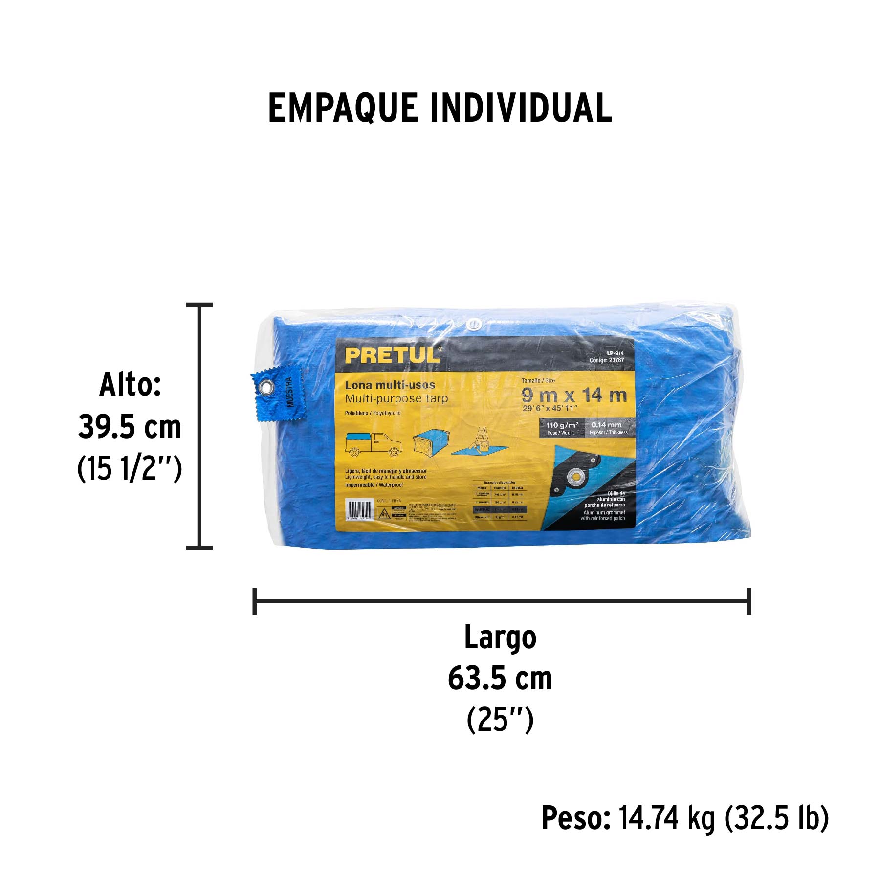 Lona de polietileno 9 x 14 m, azul, 110 g/m2, PRETUL | LP-914 | 23787