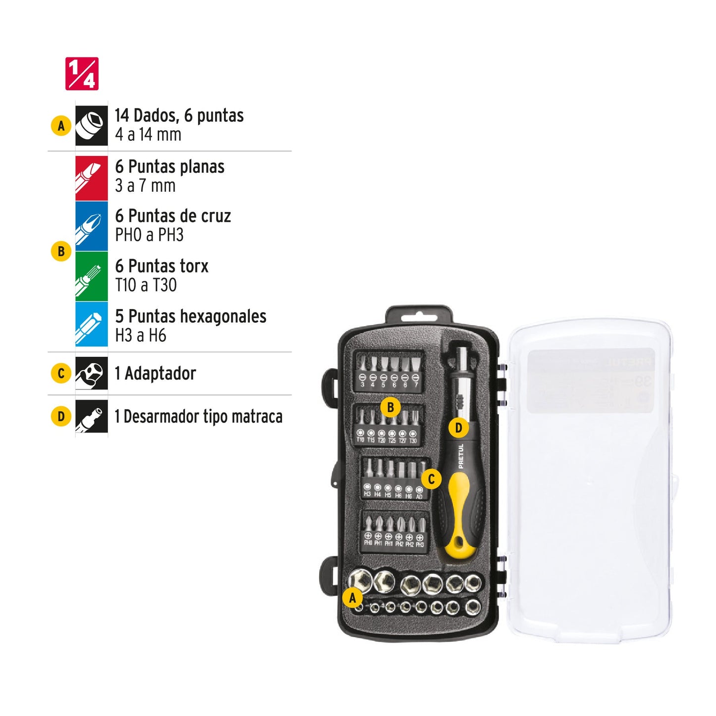 Juego de 39 herramientas 1/4' para mecánico, Pretul | JUDA-39P | 23971