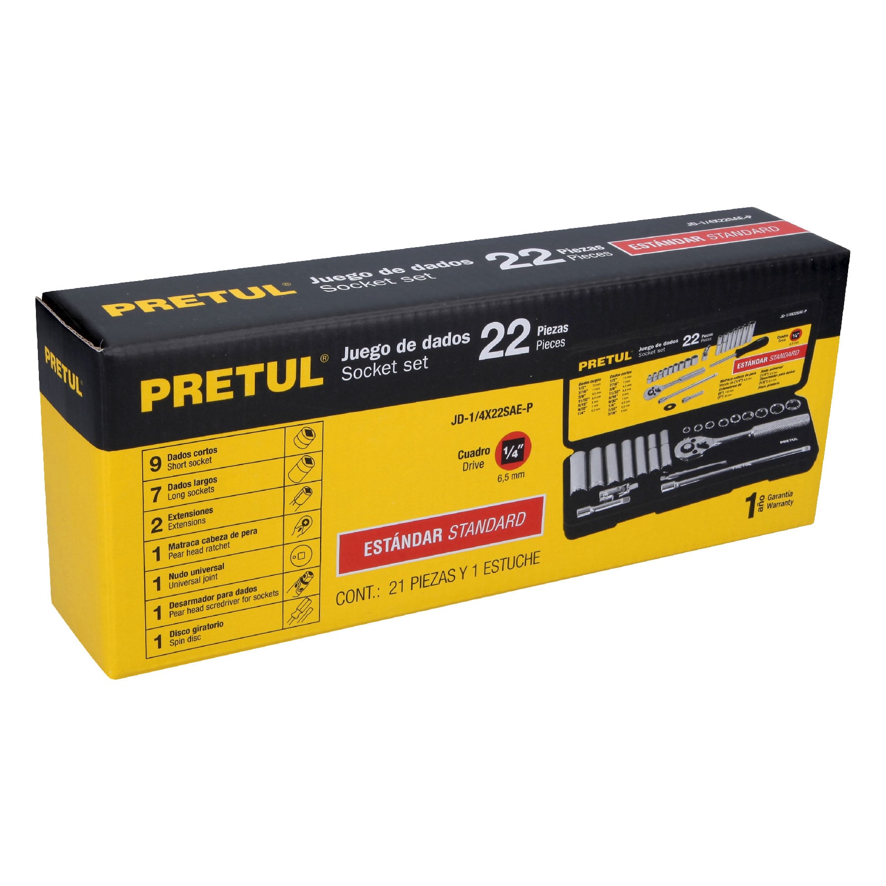 Juego de 22 herramientas 1/4' std para mecánico, Pretul | JD-1/4X22SAE-P | 23981