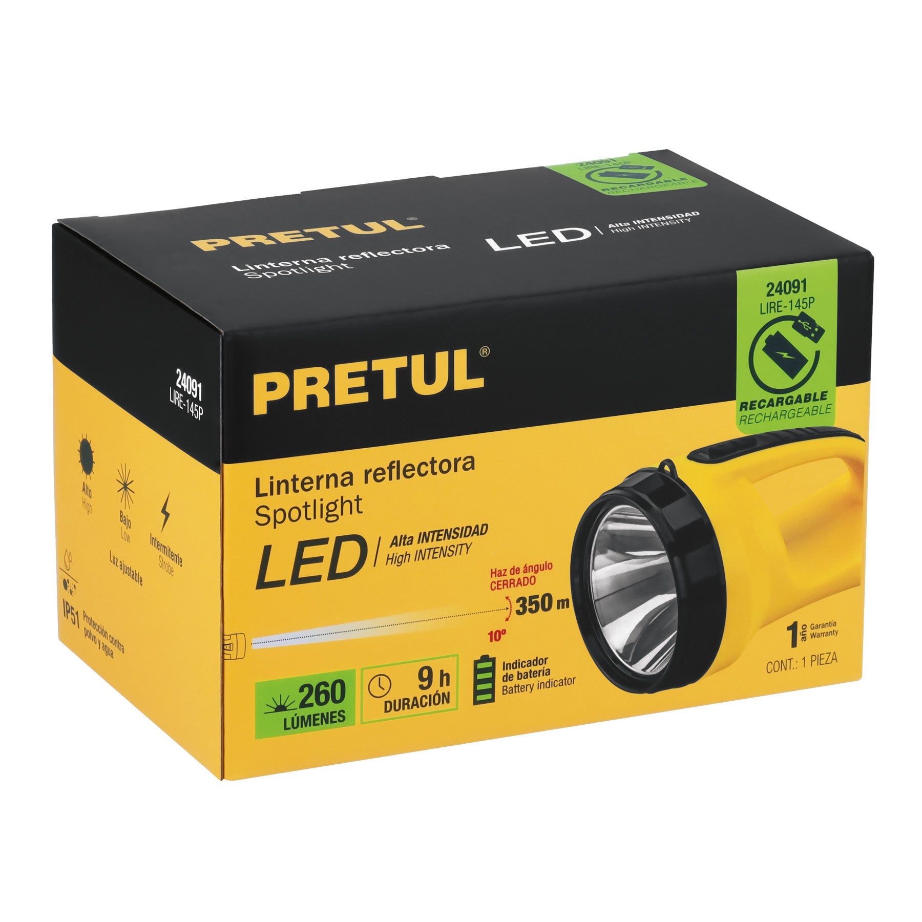 Linterna reflectora LED 260 lm, recargable, PRETUL | LIRE-145P | 24091