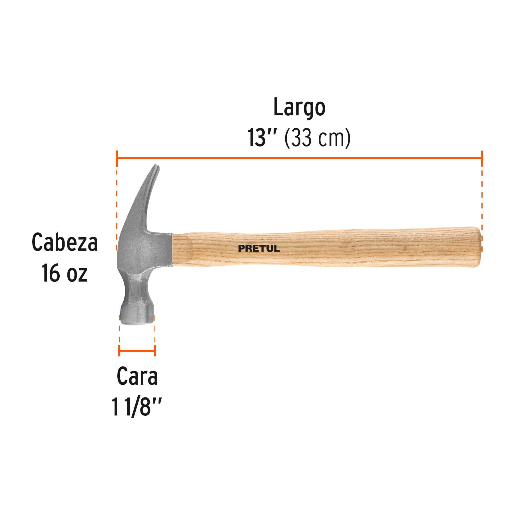 Martillo semipulido, 16 oz, uña recta, PRETUL | MAR-16P | 25001