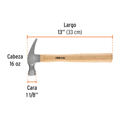 Martillo semipulido, 16 oz, uña recta, PRETUL | MAR-16P | 25001