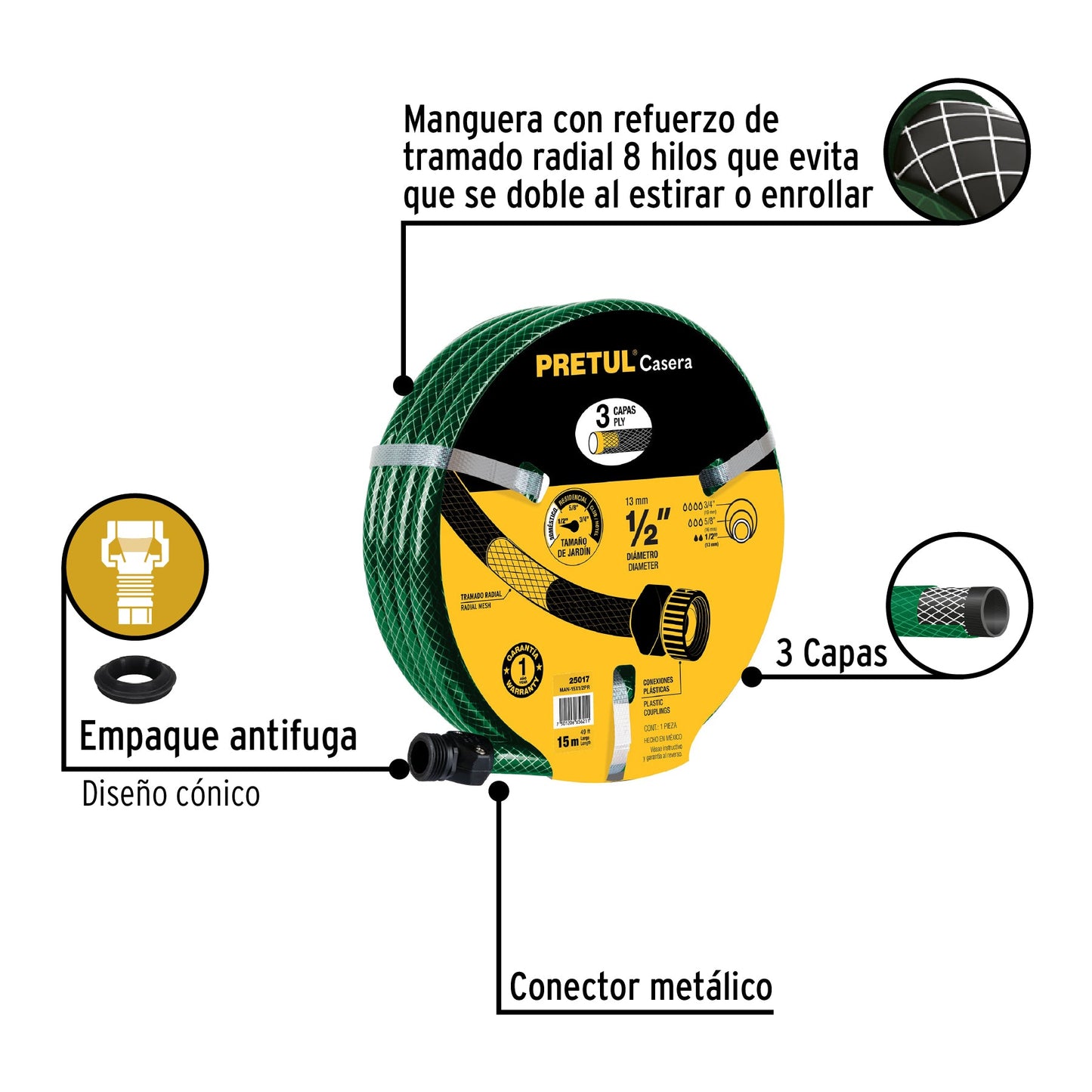 Manguera 1/2' reforzada 3 capas 15m conexiones plást, Pretul | MAN-15X1/2PR | 25017